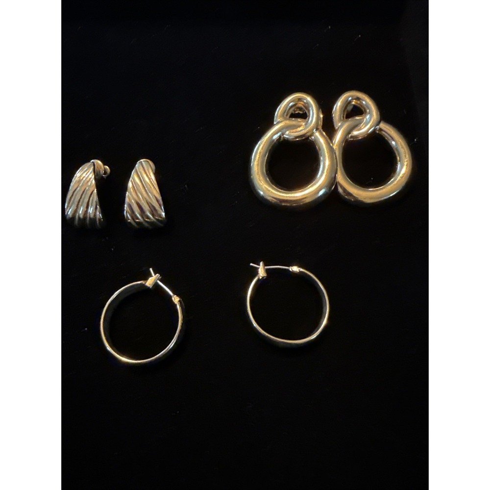 3 Pairs Vintage Gold Tone Earrings - One Pair Signed Monet Pierced Ears